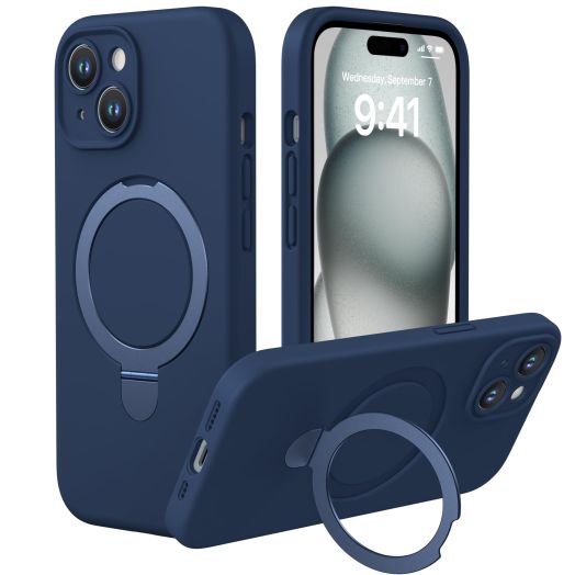 CellEver Magnetic Silicone for iPhone 15 Case [Camera Cover] Military Grade Protection [Compatible with MagSafe] [Slim] Durable Soft Grip Cover with Kickstand, Navy Blue