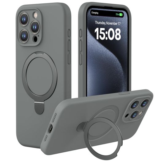 CellEver Magnetic Silicone for iPhone 15 Pro Case [Camera Cover] Military Grade Protection [Compatible with MagSafe] [Slim] Durable Soft Grip Cover with Kickstand, Titanium Gray