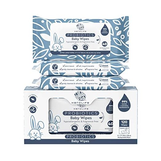 HEROLIFE Large Probiotics Baby Wipes for Delicate & Sensitive Skin, Plant-Based, Biodegradable, Hypoallergenic & Fragrance-Free, formulated with plant-derived, probiotic ingredients (3 packs of 40 = 120 Thick, 7.1” x 7.1” Large size wet wipes)