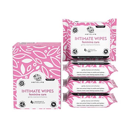 HEROLIFE Intimate Wipes Feminine Care, Plant-Based, pH-Balanced, Biodegradable, Hypoallergenic, formulated with plant-derived ingredients (4 packs of 25 = 100 Thick, 7.1” x 7.5” Large size wet wipes)