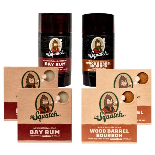 Dr. Squatch Manly Soap and Deodorant Variety Pack - Handmade with Organic Oils, Aluminum-Free - Wood Barrel Bourbon and Bay Rum - Men's Natural Soap