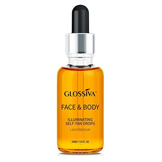Glossiva Self Tanning Drops, Self Tanner for Face and Body, Long Lasting Glow Sunless Tanner, Natural Self Tan Drops for Perfect Gradual Glow - Knocks Out Orange Tones, No Fake Tan Smell and Streak-Free -30 ml