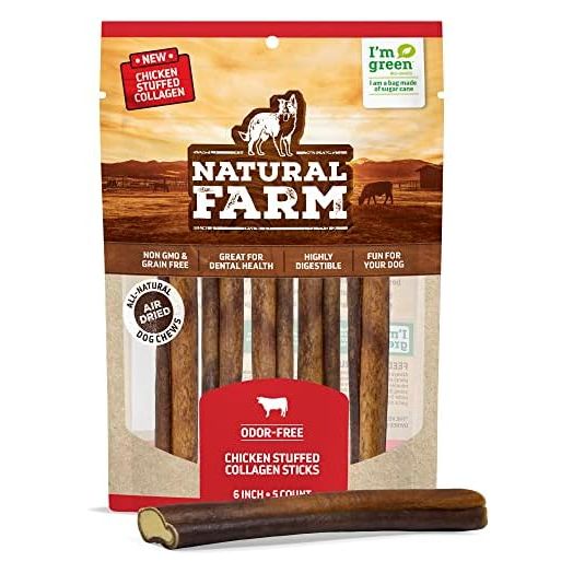 Natural Farm Chicken Stuffed Collagen Sticks with Real Chicken for Dogs (6 Inch, 5-Pack), Rawhide-Free Collagen Sticks, Odor-Free Natural Dog Chews, Long Lasting, for Small, Medium and Large Dogs