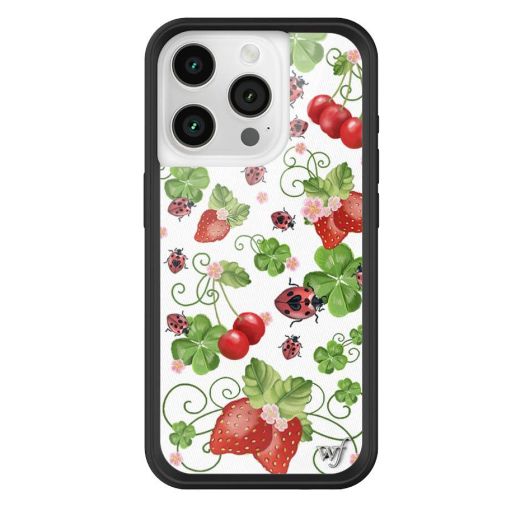 Wildflower Cases - Bugs n Berries Case, Compatible with Apple iPhone 15 Pro | White, Berries, Red, Ladybugs, Trendy - Protective Black Bumper, 4ft Drop Test Certified, Women Owned Small Business