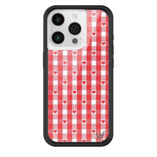 Wildflower Cases - Red Gingham Hearts Case, Compatible with Apple iPhone 15 Pro | Hearts, Red, White, Plaid, Trendy - Protective Black Bumper, 4ft Drop Test Certified, Women Owned Small Business