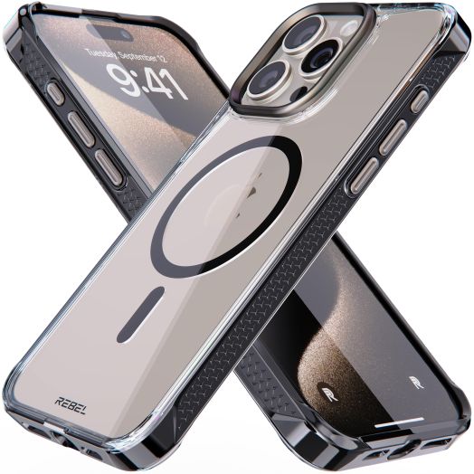 REBEL Clear Case for iPhone 15 Pro Max [Crystal Series Gen-5] Strong MagSafe Compatible, Anti-Scratch, Non-Yellowing, Protective Shockproof Bumpers, Metal Lens & Buttons, 6.7 Inch Phone 2023 (Black)