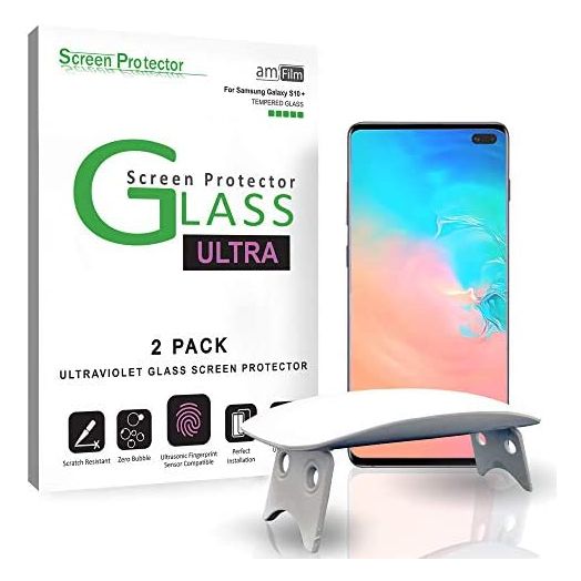 amFilm Ultra Glass Screen Protector for Galaxy S10 Plus, (2 Pack) UV Gel Application, Tempered Glass, Compatible with UltraSonic FingerPrint Scanner for Galaxy S10 Plus (2019)