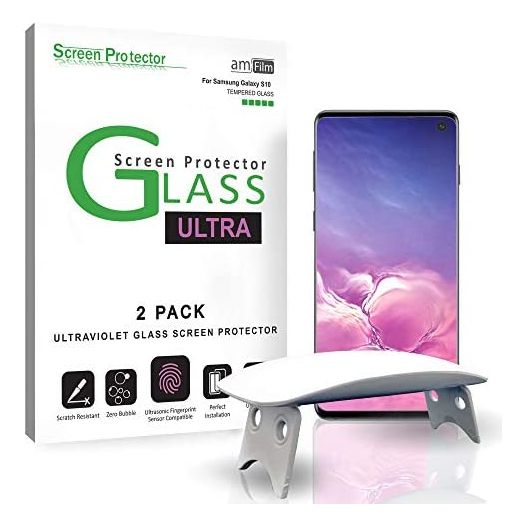 amFilm Ultra Glass Screen Protector for Galaxy S10, (2 Pack) UV Gel Application, Tempered Glass, Compatible with UltraSonic Fingerprint Scanner for Galaxy S10 (2019)
