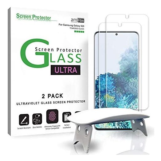 amFilm Ultra Glass Screen Protector for Galaxy S20, (2 Pack) UV Gel Application, Tempered Glass, Compatible with UltraSonic Fingerprint Scanner for Galaxy S20 (2020)