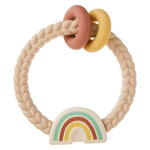 Itzy Ritzy Silicone Teether with Rattle; Features Rattle Sound, Two Silicone Rings and Raised Texture to Soothe Gums; Ages 3 Months and Up; Neutral Rainbow