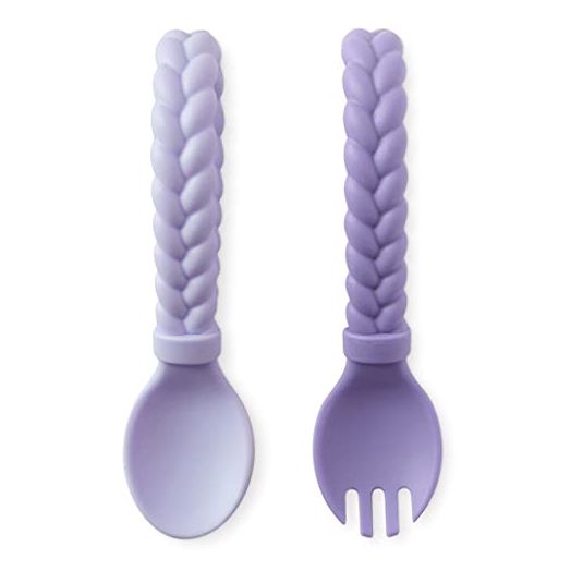 Itzy Ritzy Silicone Spoon & Fork Set; Baby Utensil Set Features A Fork and Spoon with Looped, Braided Handles; Made of 100% Food Grade Silicone & BPA-Free; Ages 6 Months and Up, Amethyst/Purple