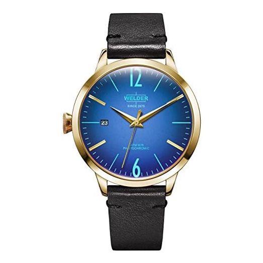 Welder Moody Black Leather 3 Hand Gold-Tone Watch with Date 38mm