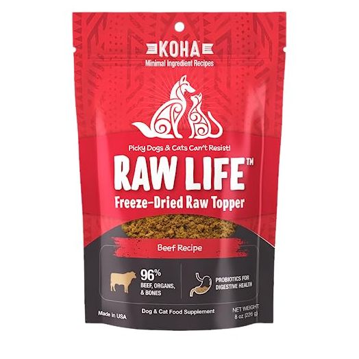 KOHA Raw Life Freeze-Dried Raw Topper Beef for Dogs and Cats, High Protein Meal Topper for Picky Eaters with Probiotics, 8oz Bag