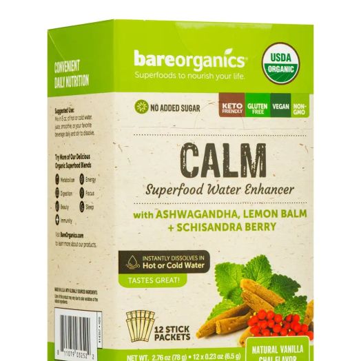 BareOrganics Calm Superfood Water Enhancer, Vanilla Chai Flavor - 12 Stick Packets (2.76 oz / 78 Grams)