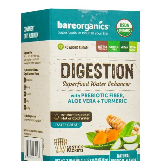 BareOrganics Digestion Superfood Water Enhancer, Tropical Flavor - 12 Stick Packets (3.39 oz / 96 Grams)
