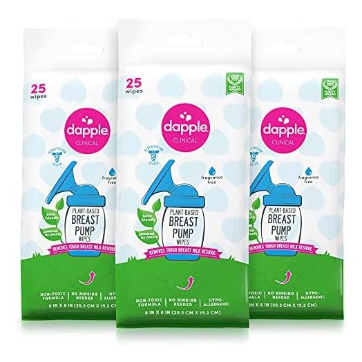 Breast Pump Wipes by Dapple Baby, 25 Count (Pack of 3), Fragrance Free, Plant Based & Hypoallergenic Breast Pump Wipes - Removes Milk Residue, Leaves No Taste - Convenient Wipes Pouch
