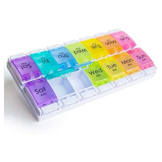 RMS Weekly and Daily Pill Organizer - 7 Day Pill Planner, Dispenser Case for Medication, Vitamin Supplements with Easy Press Open Design and Large Capacity (Twice Per Day)