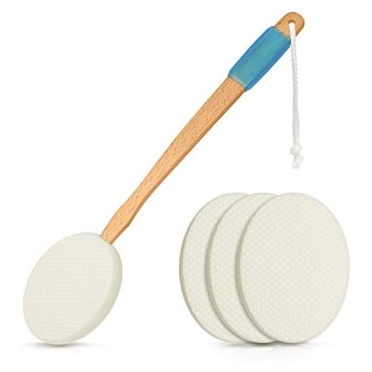 RMS 17.5" Long Lotion Applicator with 4 Pads - Long Handle for Easy Reach and Self Application of Body Wash - Shower Brush for Both Men and Women (Travel Bag Included)