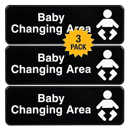 Excello Global Products Baby Changing Station Sign: Easy to Mount Informative Plastic Sign with Symbols 9x3, Pack of 3 (Black)