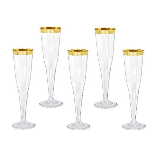 30 Plastic Classic Champagne Disposable Flutes for Parties Plastic cups Wedding Party Toasting Cocktail Cups Bulk Party Pack (Gold Rim)