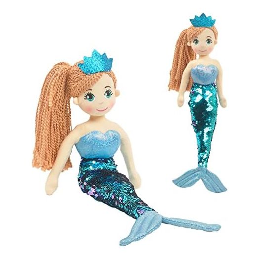 Linzy Toys, 18" Perla Mermaid with Reversible Sequin Tail, Rag Doll, Light Blue, Mermaid Toys for Little Girls, Sirenas para Ninas, Princess Plush Doll First Doll for Baby (89001)