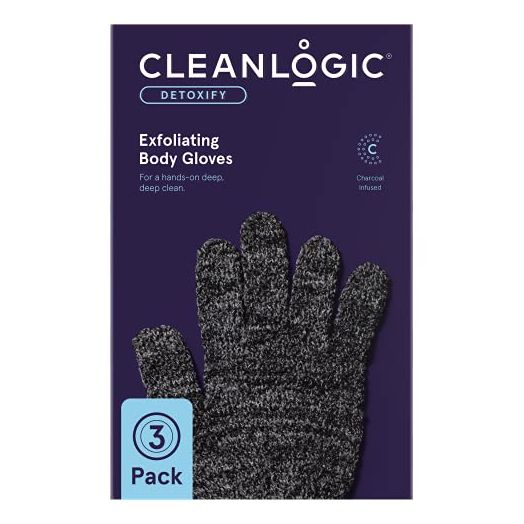 Cleanlogic Detoxify Charcoal Infused Exfoliating Stretch Bath & Shower Gloves Assorted Colors, 3 Pair – 6 Count
