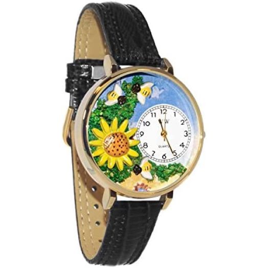 Whimsical Gifts Women's Sunflower 3D Watch | Gold or Silver Finish Large | Unique Fun Novelty | Black Leather Watch Band