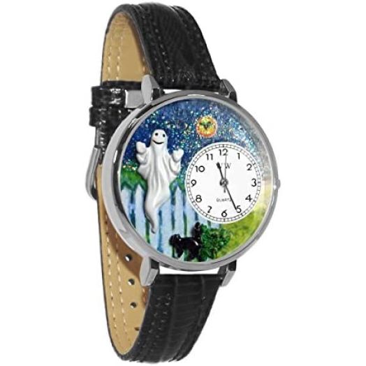 Whimsical Gifts Halloween Ghost 3D Watch | Gold or Silver Finish Large or Small | Unique Fun Novelty | Handmade in USA | Black Leather Watch Band