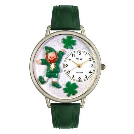 Whimsical Gifts St. Patrick's Day Irish Leprechaun 3D Watch Collection | Gold or Silver Finish Large | Unique Fun Novelty | Handmade in USA | Green Leather Watch Band