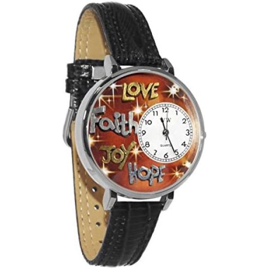 Whimsical Gifts Faith Hope Love Joy 3D Watch | Gold or Silver Finish Large | Unique Novelty | Handmade in USA | Black Watch Band