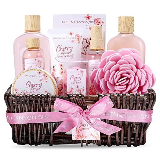 Spa Gift Baskets for Women Birthday Gift Sets 10 Pcs Cherry Blossom Essential Oil Spa Gift Sets with Handmade Weaved Basket Holiday Gifts for Christmas Thanksgiving Valentine's Day Gift Set for Women