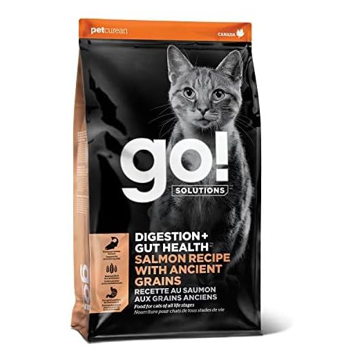 GO! SOLUTIONS Digestion + Gut Health Salmon Recipe with Ancient Grains for Cats, 3 lb Bag - Dry Cat Food for Indoor and Outdoor Cats of All Life Stages - Including Seniors