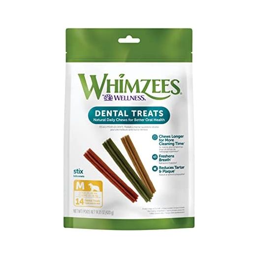 Whimzees Natural Grain Free Daily Dental Long Lasting Dog Treats, Stix, Medium, Bag of 14