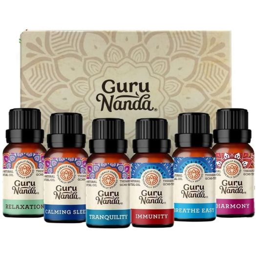 Guru Nanda Essential Oil for Diffusers - Set of 6 Therapeutic Grade - Breathe Easy Tranquility Harmony Sleep Relaxation Immunity