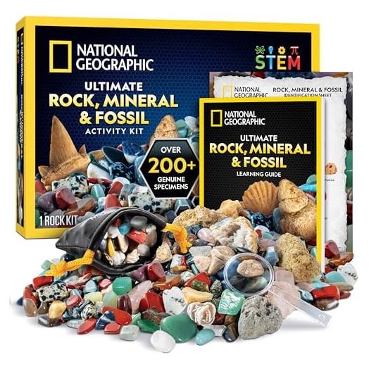 NATIONAL GEOGRAPHIC Rock Collection Box for Kids – 200 Piece Gemstones and Crystals Set Includes Geodes and Real Fossils, Rocks and Minerals Science Kit for Kids, A Geology Gift for Boys and Girls