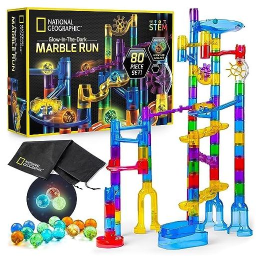 NATIONAL GEOGRAPHIC Glowing Marble Run – Construction Set with 15 Glow in the Dark Glass Marbles & Storage Bag, STEM Gifts for Boys and Girls, Building Project Toy (Amazon Exclusive)
