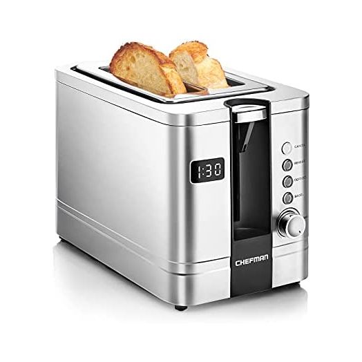 Chefman 2-Slice Digital Toaster, Pop-Up, Stainless Steel, Extra-Wide Slots For Bagels, Defrost, Reheat, Cancel Functions, Removable Crumb Tray