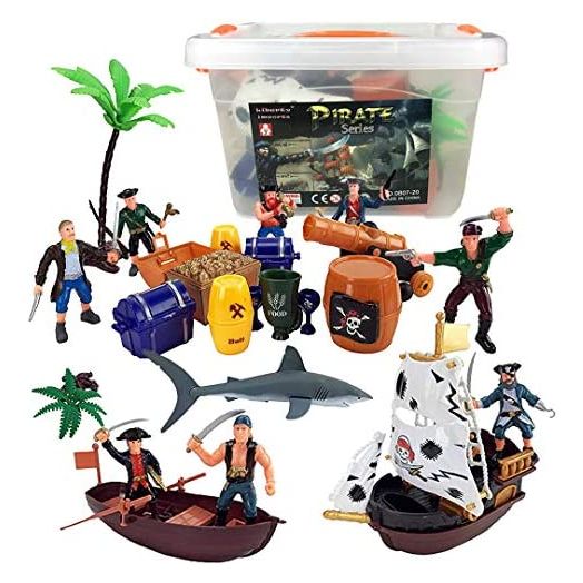 Liberty Imports Bucket of Pirate Action Figures Playset with Boat, Treasure Chest, Cannons, Shark, Pirate Ship, and More!