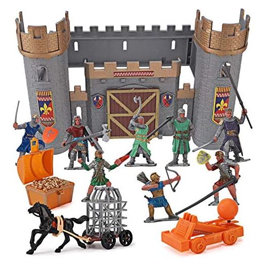 Medieval Castle Knights Action Figure Toy Army Playset with Assemble Castle, Catapult and Horse-Drawn Carriage (Bucket of 8 Soldier Figurines)