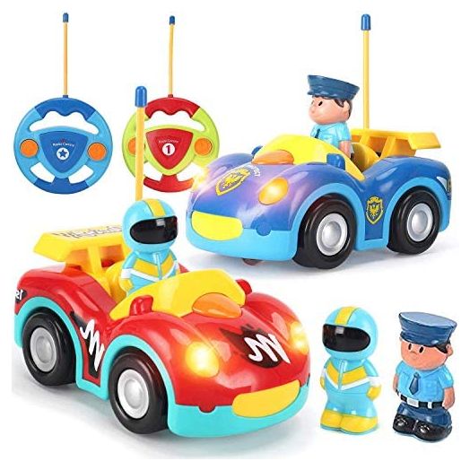 Liberty Imports 2 Pack RC Cartoon Police Car and Race Car Radio Remote Control Toys with Music & Sound for Baby, Toddlers, Kids