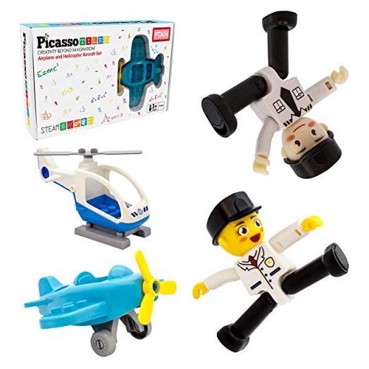 PicassoTiles Magnetic 4 Piece Aircraft and Action Figures Magnet Airplane and Helicopter Expansion Pack Toddler Toy Set Educational Learning Kit Pretend Playset for Construction Building Block Tiles