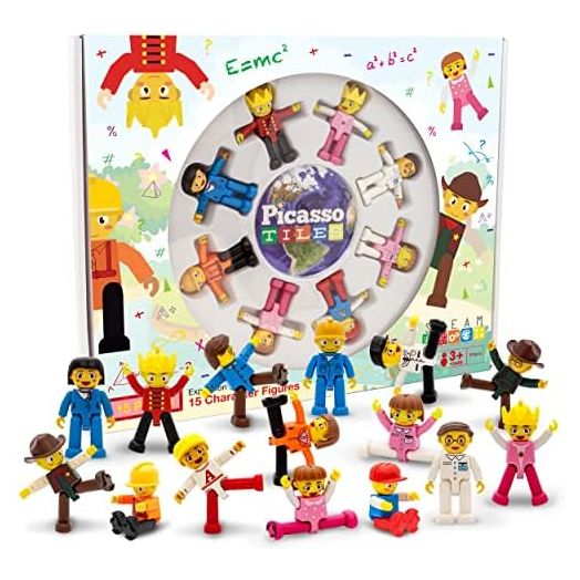 PicassoTiles 15-Piece Magnetic Character Action Figures Add-on Set for Construction Building Block Tiles