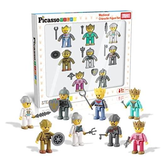 Picasso Toys Magnetic Action Figures 8 Piece Medieval King and Knights Character for Building Blocks Tiles Construction Toddler Toy Set Magnets Expansion Pack Educational STEM Pretend Playset PTA13