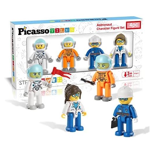 Picasso Toys Magnetic Character Action Figures 4 Piece Astronaut for Building Block Tile Toddler Toy Set Magnet Expansion Pack Age 3 and up Educational STEM Learning Pretend Playset Construction PTA17