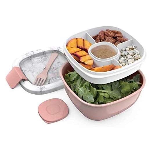 Bentgo® Salad - Stackable Lunch Container with Large 54-oz Salad Bowl, 4-Compartment Bento-Style Tray for Toppings, 3-oz Sauce Container for Dressings, Built-In Reusable Fork & BPA-Free (Blush Marble)