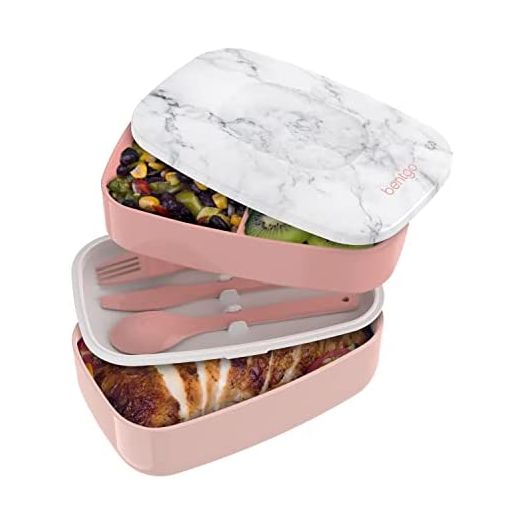Bentgo Classic - All-in-One Stackable Bento Lunch Box Container - Modern Bento-Style Design Includes 2 Stackable Containers, Built-in Plastic Utensil Set, and Nylon Sealing Strap (Blush Marble)