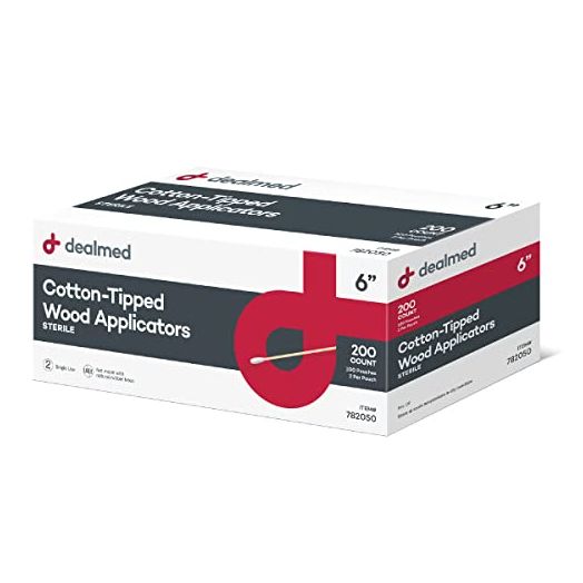 Dealmed 6" Cotton-Tipped Wood Applicators – 200 Sterile Cotton-Tipped Applicators, Ideal for Application of Medication, Cleaning Skin, Arts and Crafts and More