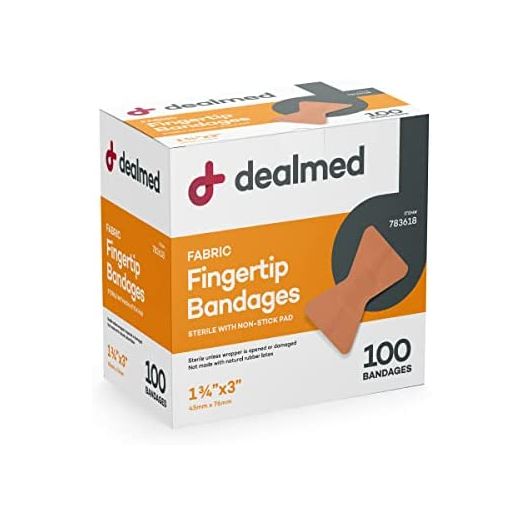Dealmed Fabric Fingertip Flexible Adhesive Bandages – 100 Count (1 Pack) Bandages with Non-Stick Pad, Latex Free, Wound Care for First Aid Kit, 1 3/4" x 3"