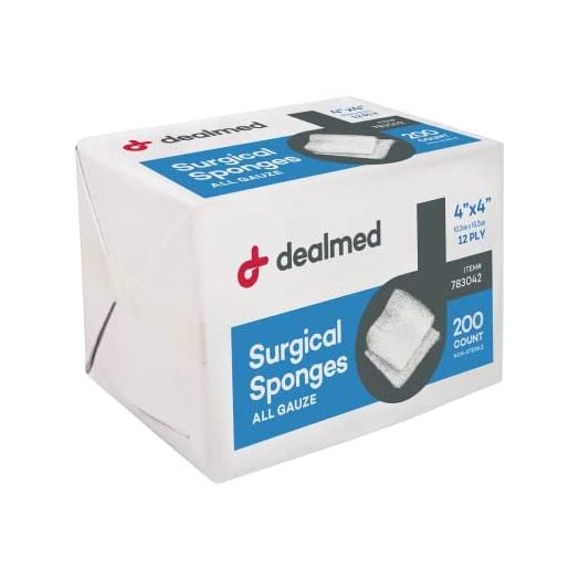 Dealmed Surgical Sponges – 200 Count, 8-Ply, 4" x 4" Surgical Gauze Pads, One Package, Highly Absorbent Gauze Sponges, Wound Care Product for First Aid Kit and Medical Facilities
