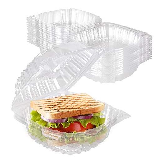 Disposable Plastic To Go Containers with Clear Lids (50 Pack) Fancy Hinged Top Square Clamshell Food Boxes for Take Out, Home Party Togo Clam Shell Box to Carry Cake, Dessert, Small Sandwich
